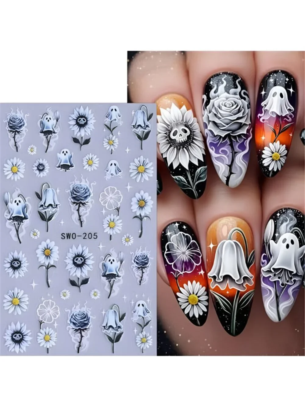 Halloween Nail Stickers for Nail Art 5D Ghost Flower Nail Decals Ghost Cat